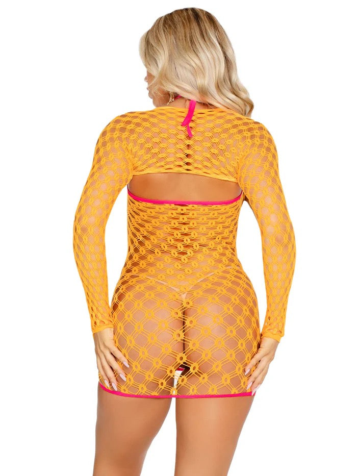 2PC EYELET NET MINI DRESS WITH TIE FRONT KEYHOLE AND SHRUG NEON ORANGE