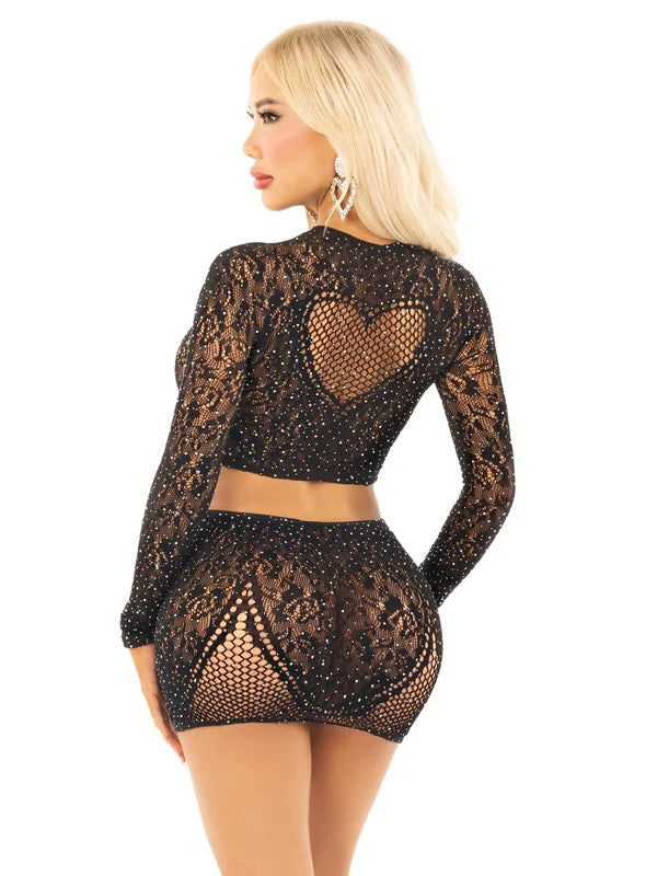 2 PC RHINESTONE LACE CROP TOP WITH HEART KEYHOLE AND MINI SKIRT