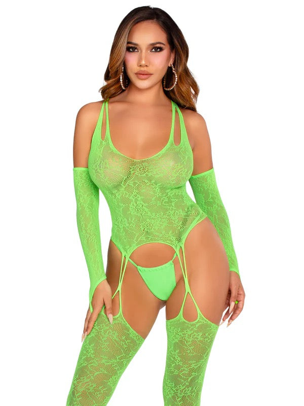 2PC LACE FOOTLESS CAMI GARTER WITH ATTACHED TOE LOOP STOCKINGS & ARM WARMERS
