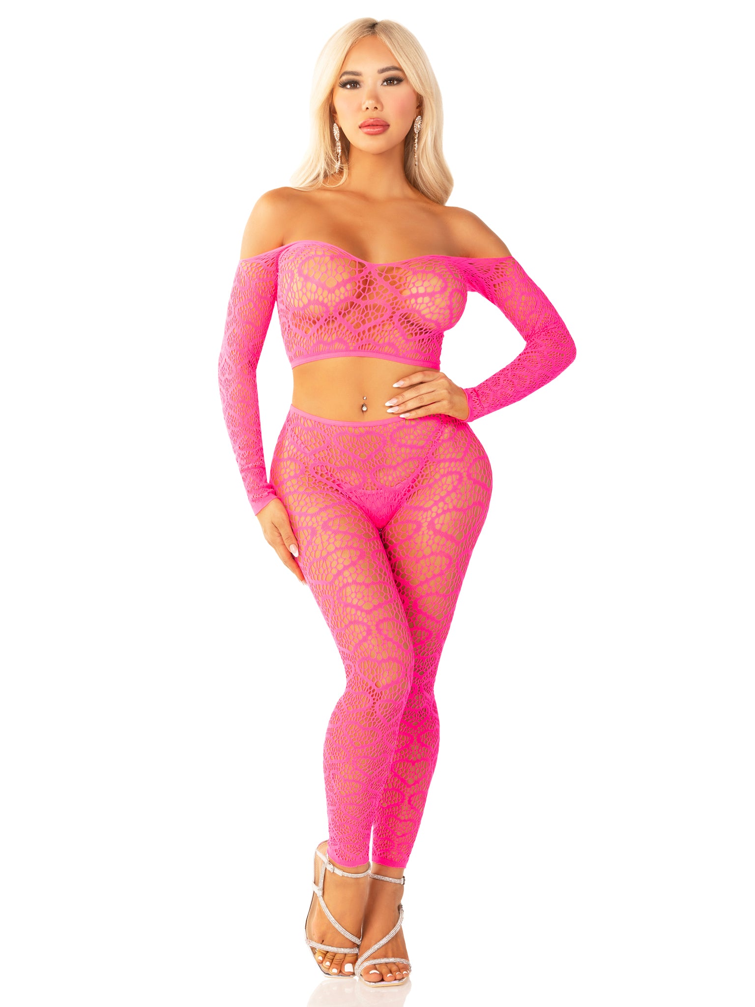 2PC HEART NET OFF THE SHOULDER CROP TOP AND FOOTLESS TIGHTS