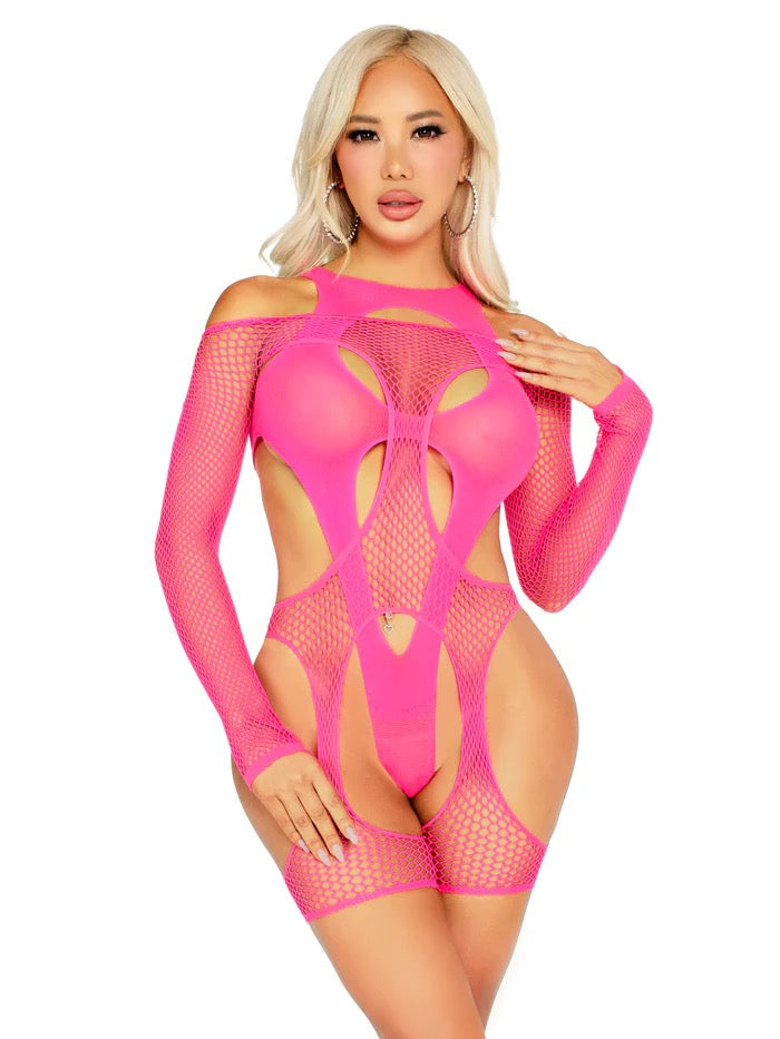 2PC FISHNET GARTER HARNESS AND OPAQUE CUT OUT TEDDY