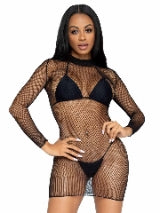 Ultra Net Long Sleeve High Neck Mini Dress - One Size