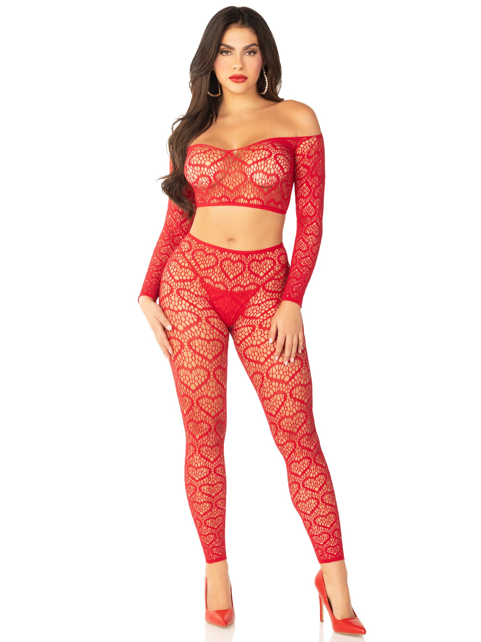 2PC HEART NET OFF THE SHOULDER CROP TOP AND FOOTLESS TIGHTS
