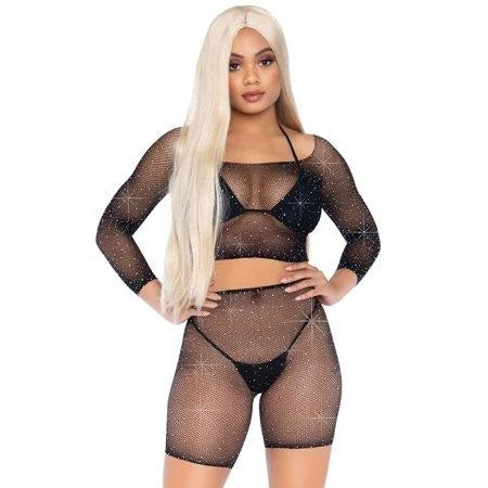 2 PC RHINESTONE FISHNET CROP TOP AND BIKER SHORTS