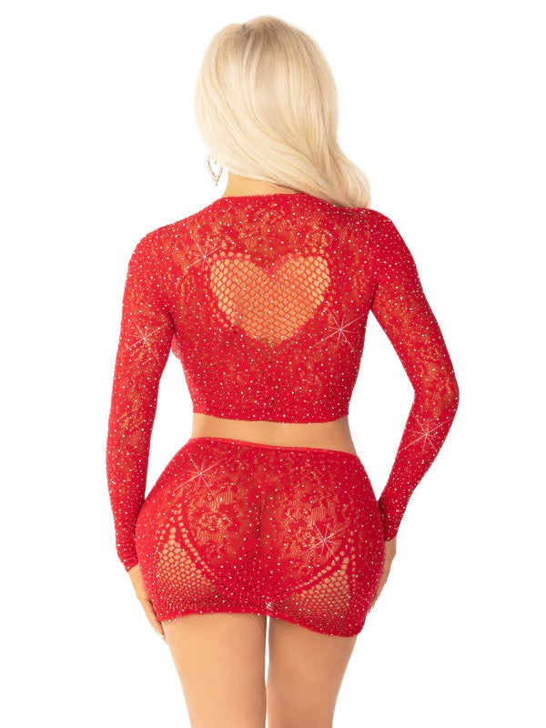 2 PC RHINESTONE LACE CROP TOP WITH HEART KEYHOLE AND MINI SKIRT